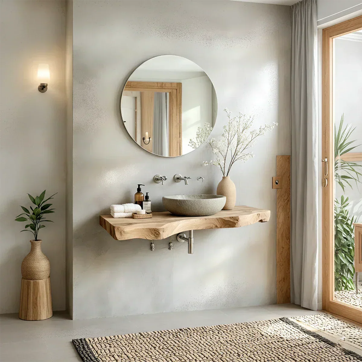 Live Edge Solid Wood Bathroom Vanity – Japandi Floating Sink Shelf - Rustira