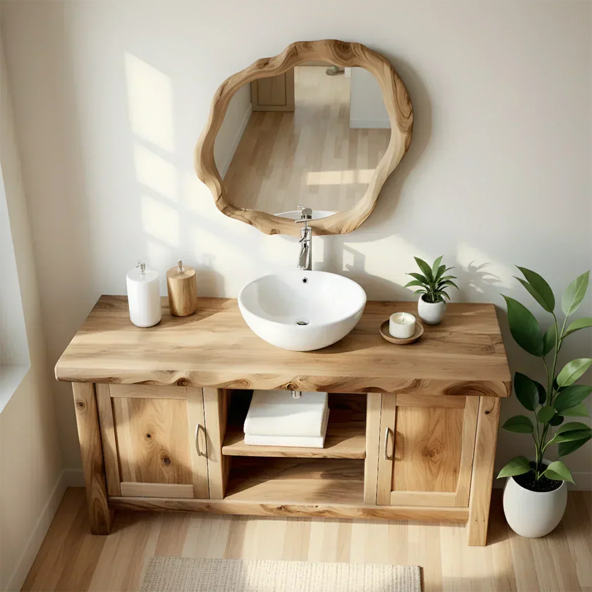 Live Edge Solid Wood Bathroom Vanity – Japandi Organic Minimalist - Rustira