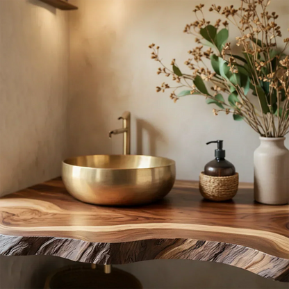 Live Edge Solid Wood Bathroom Vanity Shelf – Custom Floating Slab - Rustira