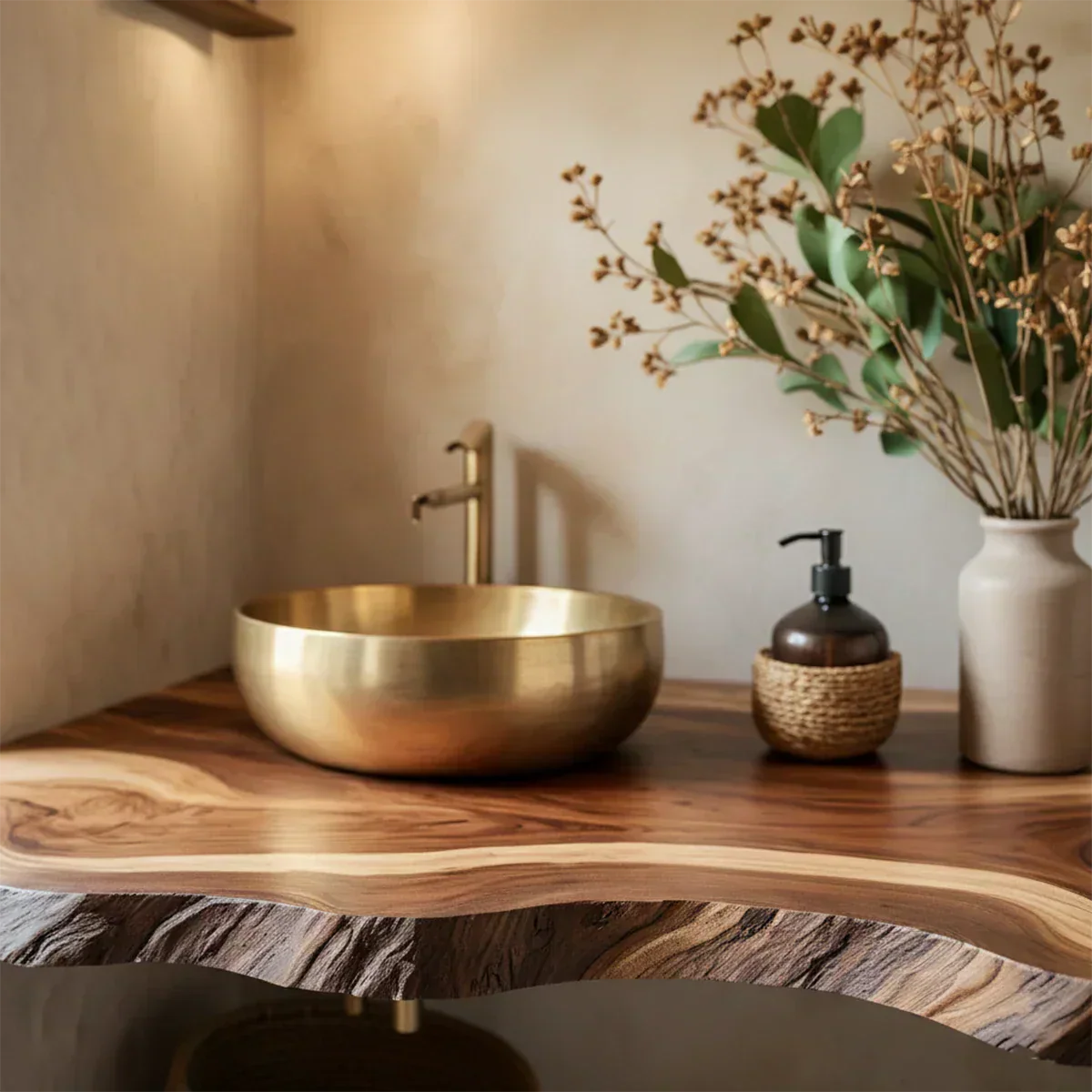 Live Edge Solid Wood Bathroom Vanity Shelf – Custom Floating Slab - Rustira