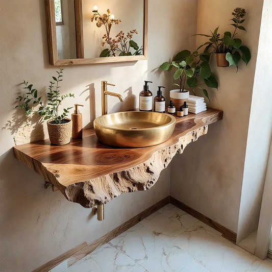 Live Edge Solid Wood Bathroom Vanity Shelf | Organic Natural Design - Rustira