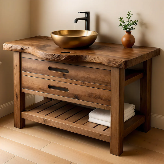 Live Edge Solid Wood Bathroom Vanity With Drawers & Open Shelf - Rustira