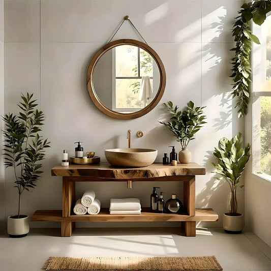Live Edge Solid Wood Bathroom Vanity with Open Shelf – Handmade - Rustira