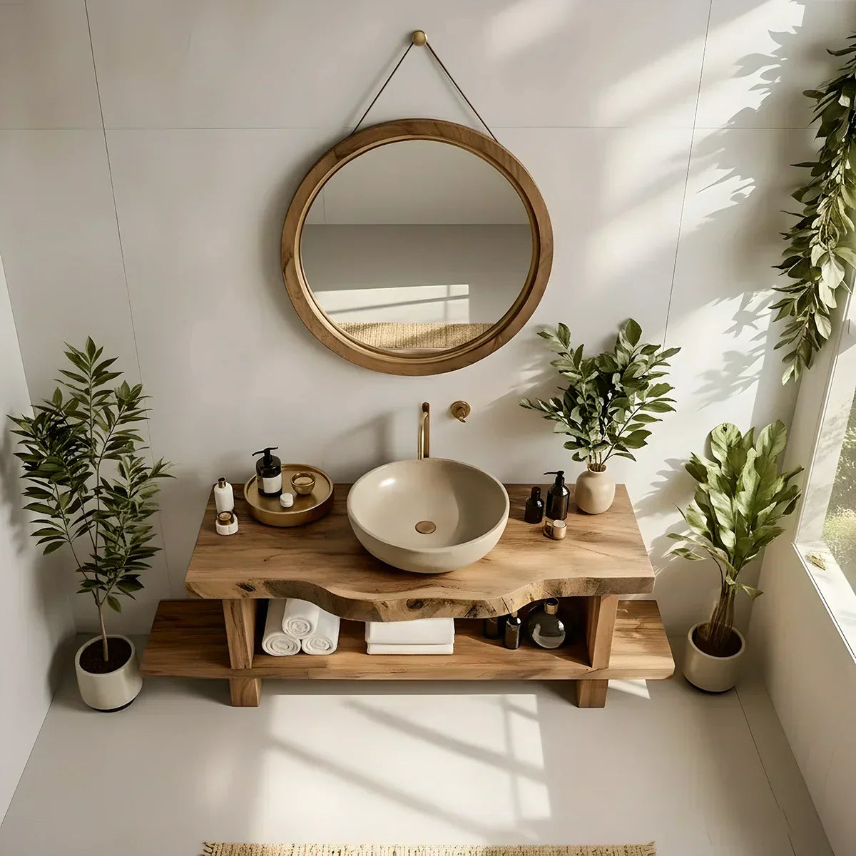 Live Edge Solid Wood Bathroom Vanity with Open Shelf – Handmade - Rustira