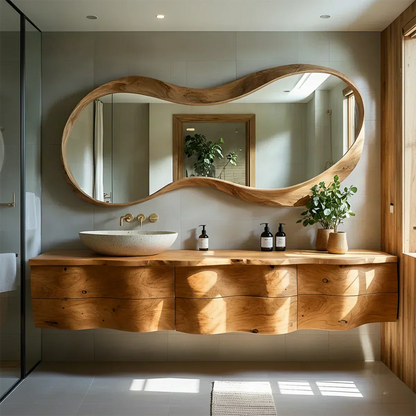 Live Edge Solid Wood Floating Vanity with Sculptural Mirror - Rustira