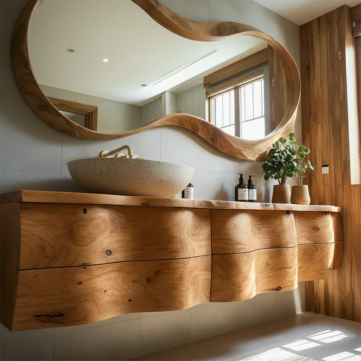 Live Edge Solid Wood Floating Vanity with Sculptural Mirror - Rustira