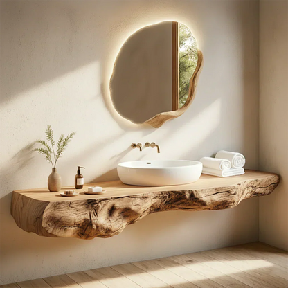Live Edge Solid Wood Floating Vanity with Organic Mirror - Rustira