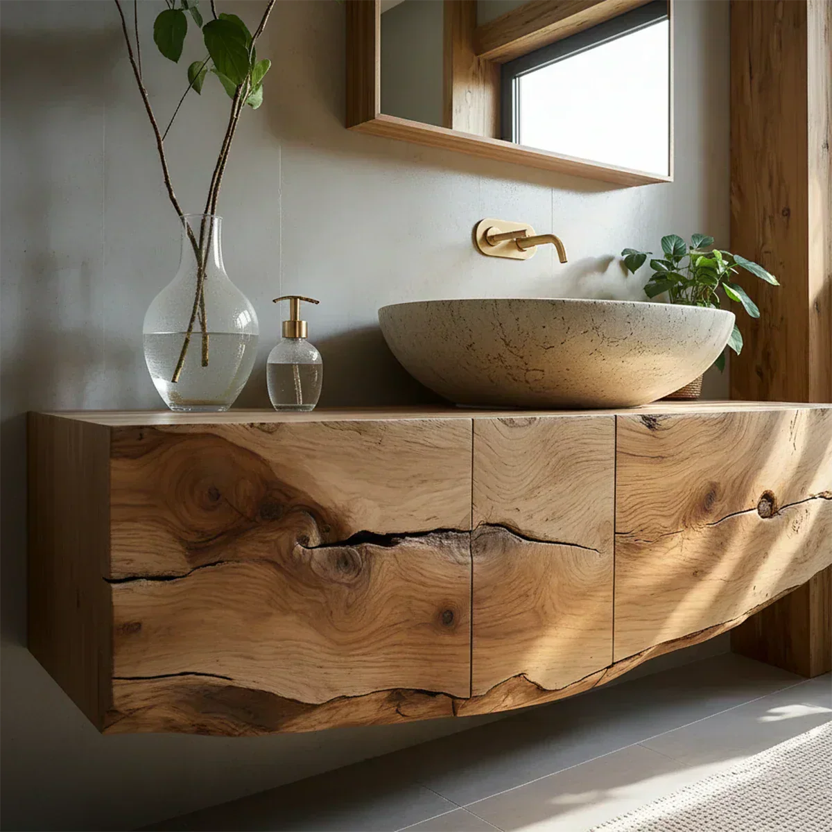 Live Edge Solid Wood Floating Vanity with Stone Basin - Rustira