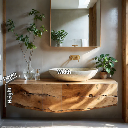 Live Edge Solid Wood Floating Vanity with Stone Basin - Rustira