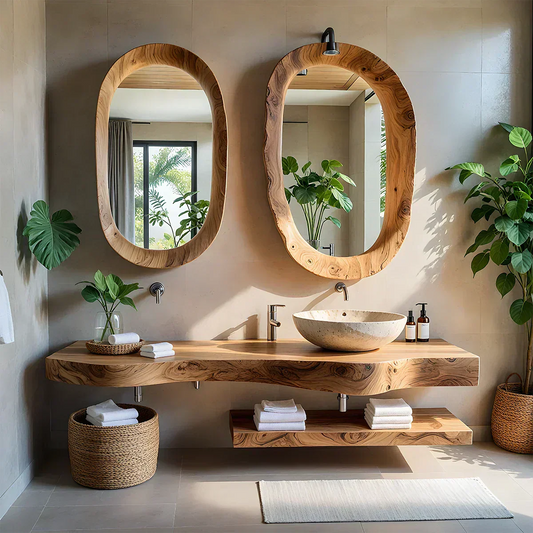 Live Edge Solid Wood Vanity with Dual Organic Mirrors - Rustira