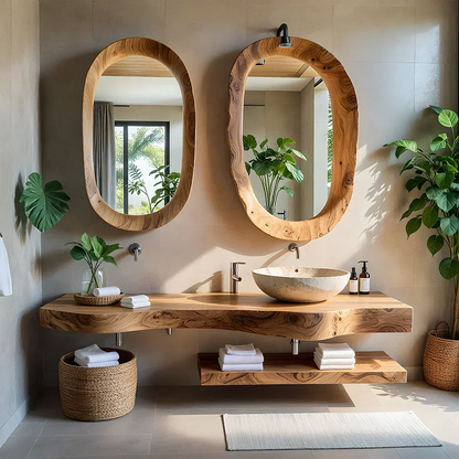 Live Edge Solid Wood Vanity with Dual Organic Mirrors - Rustira