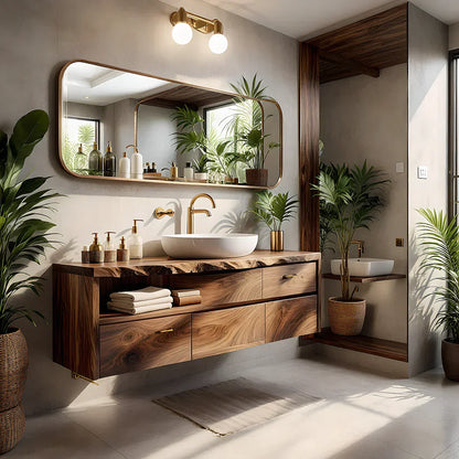 Live-Edge Walnut Floating Bathroom Vanity - Solid Wood Bathroom Cabinet - Rustira