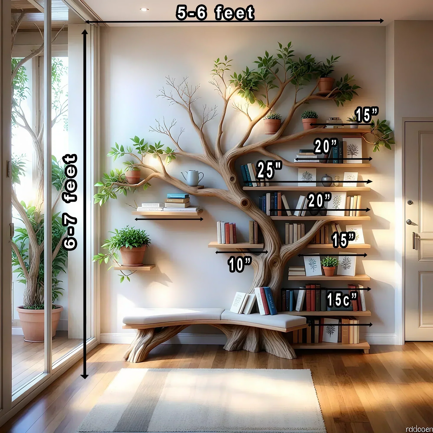 Tree-Shaped Bookcase – Solid Wood Bookshelf for Books, Plants & Decorations 