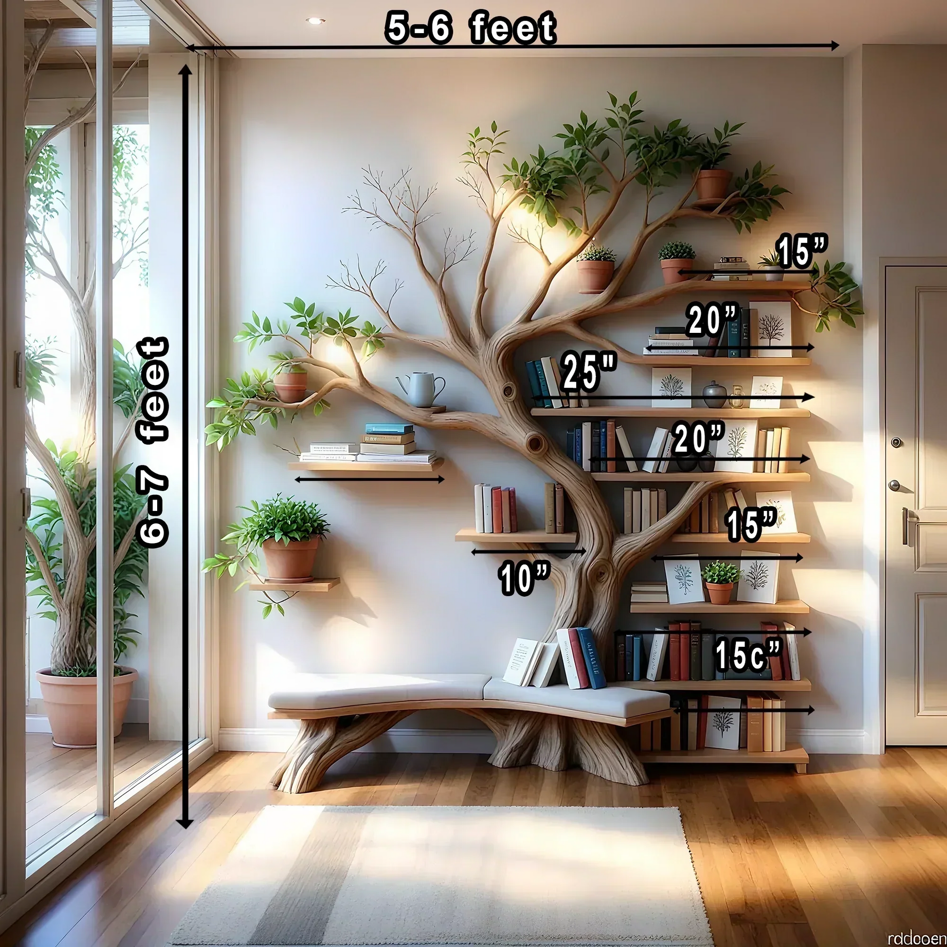 Tree-Shaped Bookcase – Solid Wood Bookshelf for Books, Plants & Decorations 