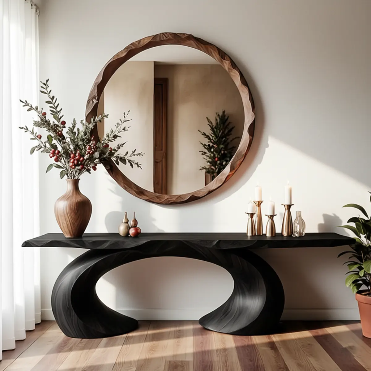 Organic Wave Walnut Finish Console Table – Handcrafted Wood Art
