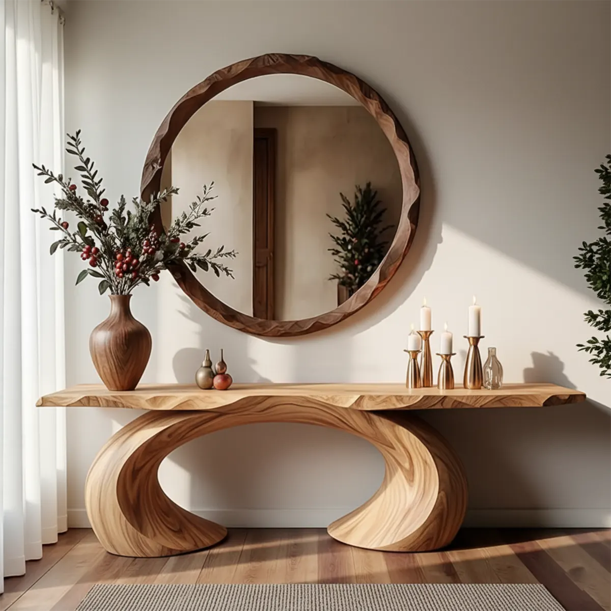 Organic Wave Walnut Finish Console Table – Handcrafted Wood Art