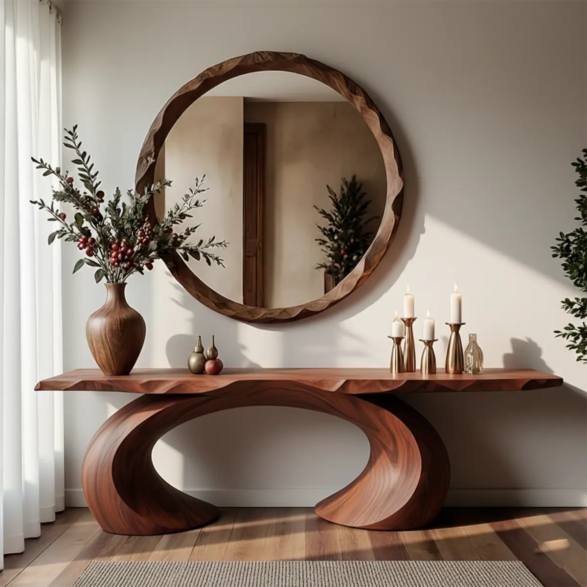 Organic Wave Walnut Finish Console Table – Handcrafted Wood Art
