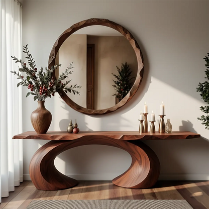 Organic Wave Walnut Finish Console Table – Handcrafted Wood Art