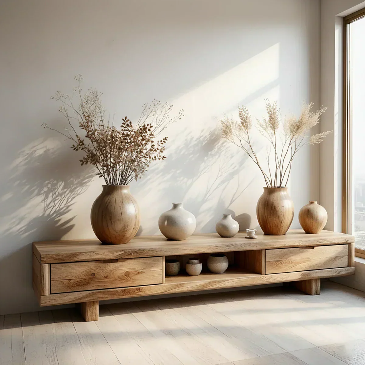 Low Solid Wood Japandi TV Stand – Minimal Zen Media Console - Rustira