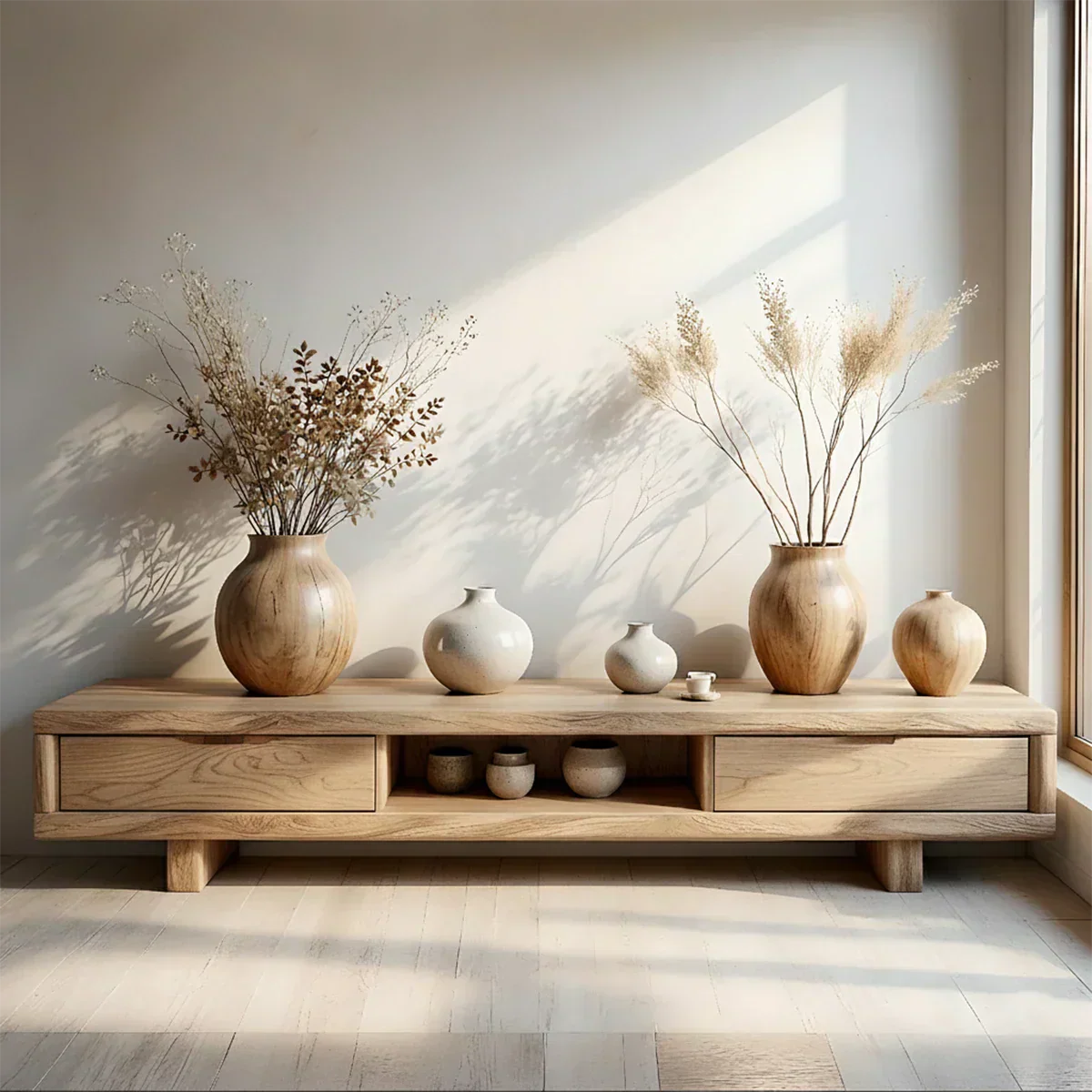 Low Solid Wood Japandi TV Stand – Minimal Zen Media Console - Rustira