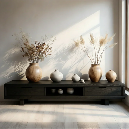 Low Solid Wood Japandi TV Stand – Minimal Zen Media Console - Rustira