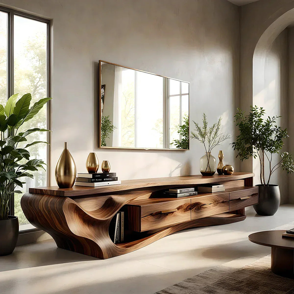 Luxury Wave-Carved Solid Wood TV Stand - Organic Modern Media Console - Rustira