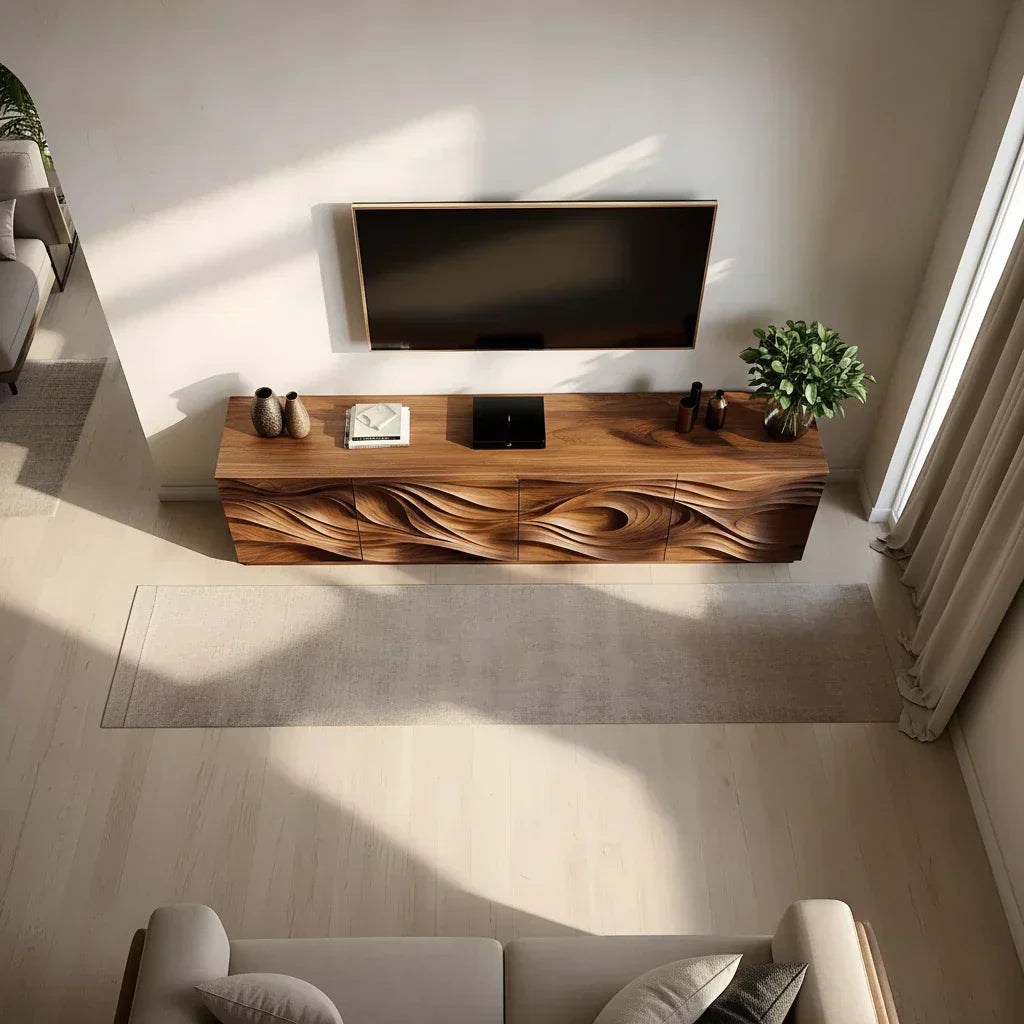 Luxury Wave Carved Solid Wood TV Stand - Sculptural Media Console - Rustira