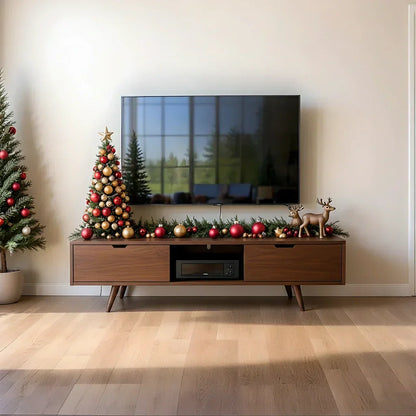 Mid-Century Solid Wood TV Stand with Tapered Legs & Storage Drawers - Rustira