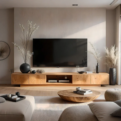 Minimalist Solid Wood Japandi TV Stand with Soft Grain & Open Shelf - Rustira