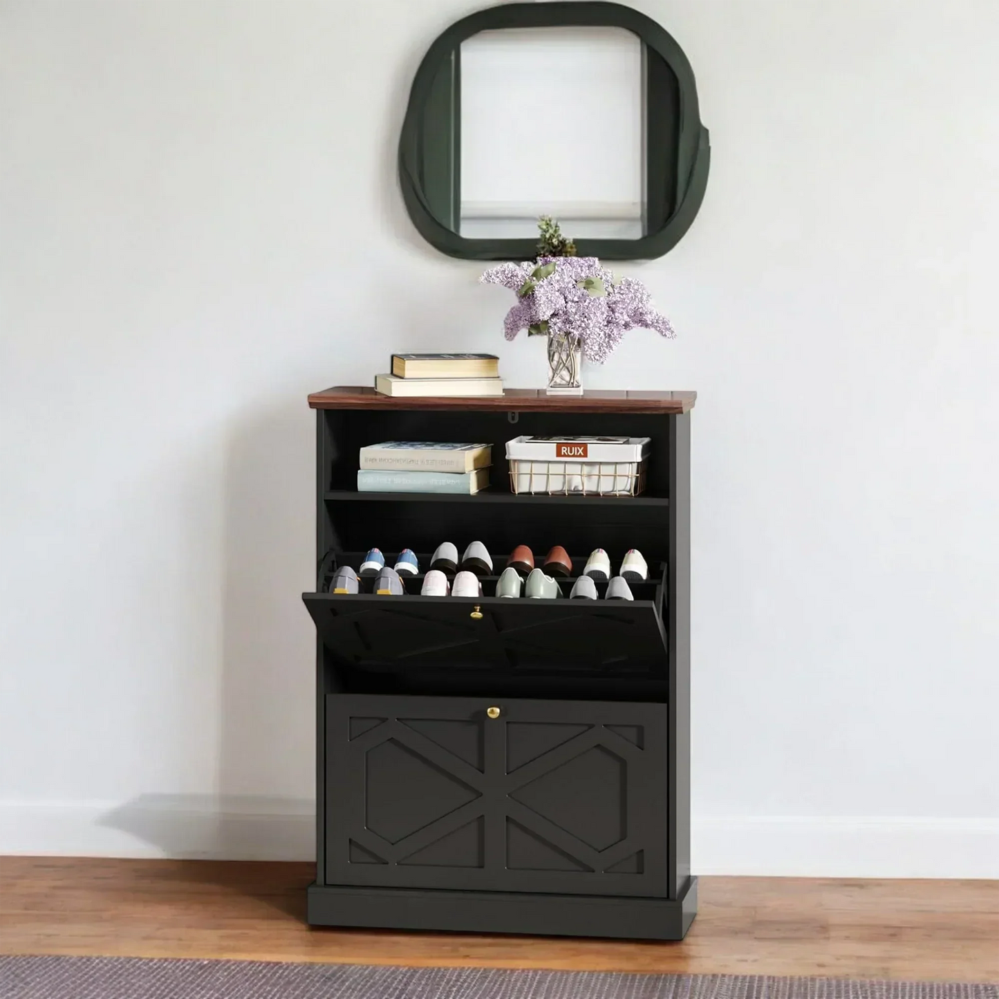 Modern Black 2-Tier Shoe Cabinet with X-Design & Top Shelf 