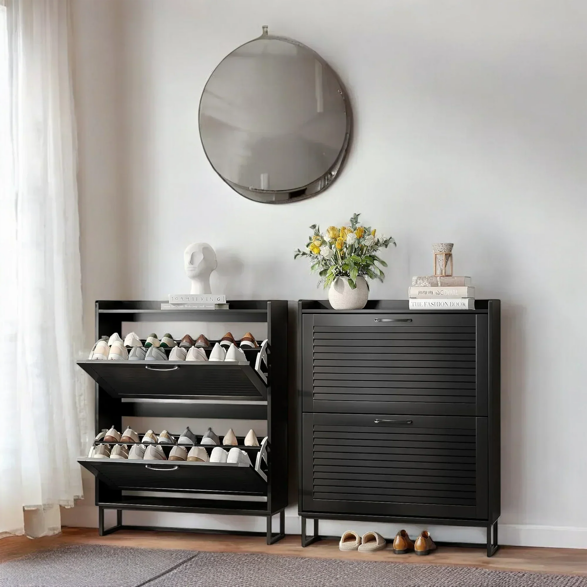 Modern Black Double Flip-Drawer Shoe Cabinet with Metal Base 