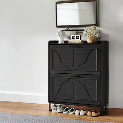 Modern Black Shoe Cabinet with 2 Flip Drawers & Open Shelf 
