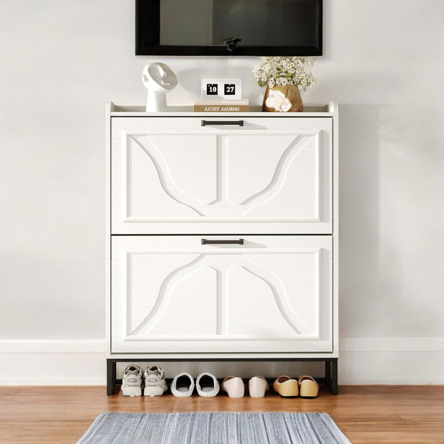 Modern Black Shoe Cabinet with 2 Flip Drawers & Open Shelf 
