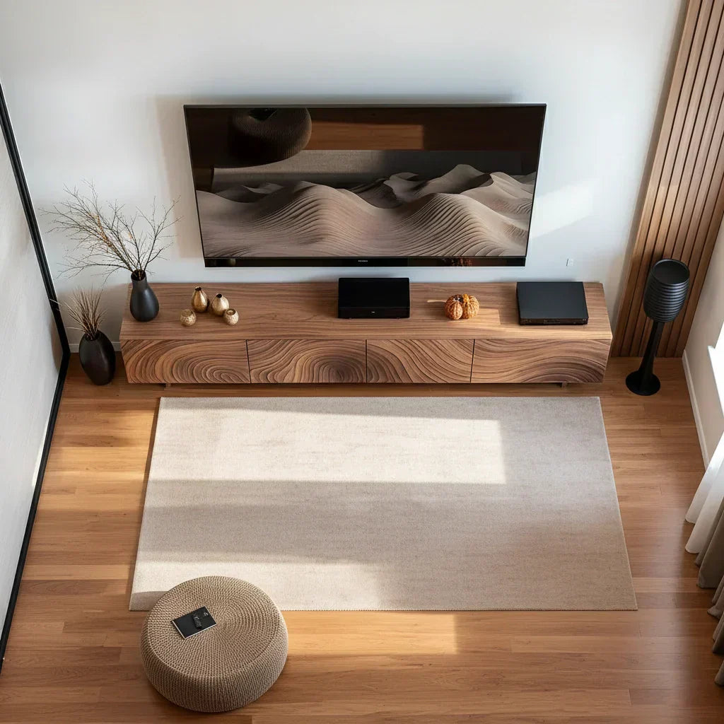 Modern Carved Wave Solid Wood TV Console – Luxury Organic Media Cabinet - Rustira