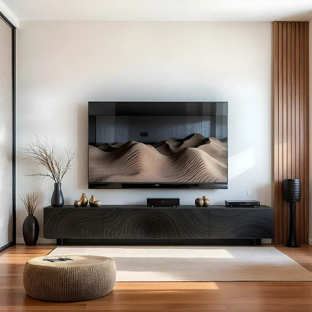 Modern Carved Wave Solid Wood TV Console – Luxury Organic Media Cabinet - Rustira