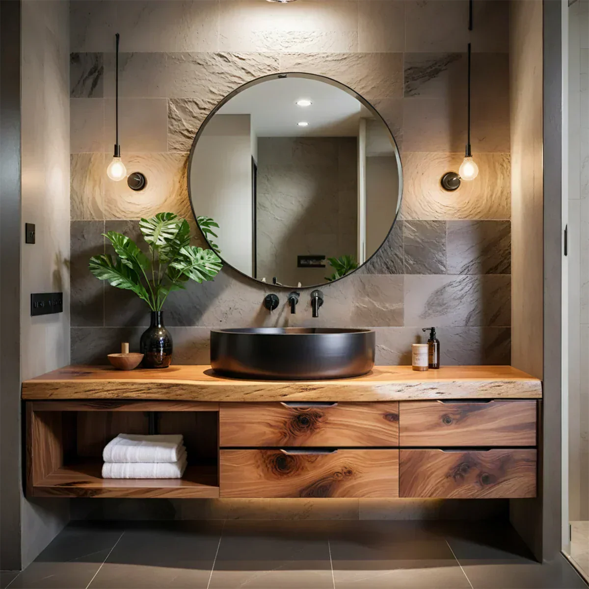 Modern Floating Natural Solid Wood Bathroom Vanity - Rustira