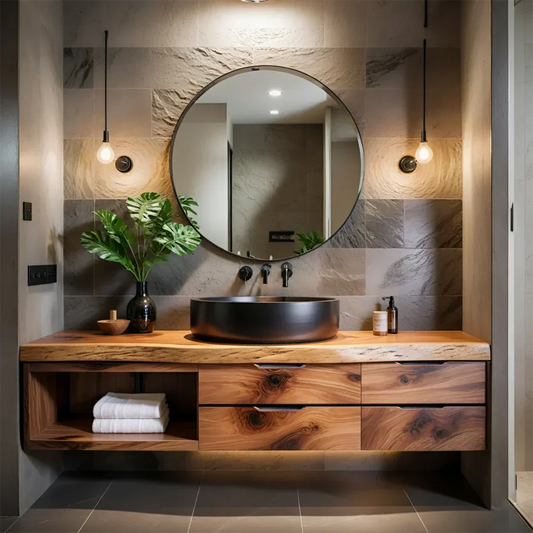 Modern Floating Natural Solid Wood Bathroom Vanity - Rustira