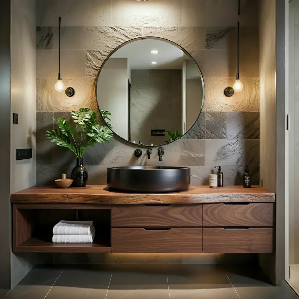 Modern Floating Natural Solid Wood Bathroom Vanity - Rustira