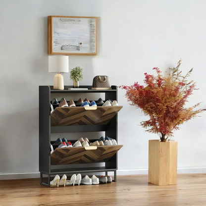 Modern Herringbone Wooden Shoe Cabinet – Slim 2 Flip Drawers 