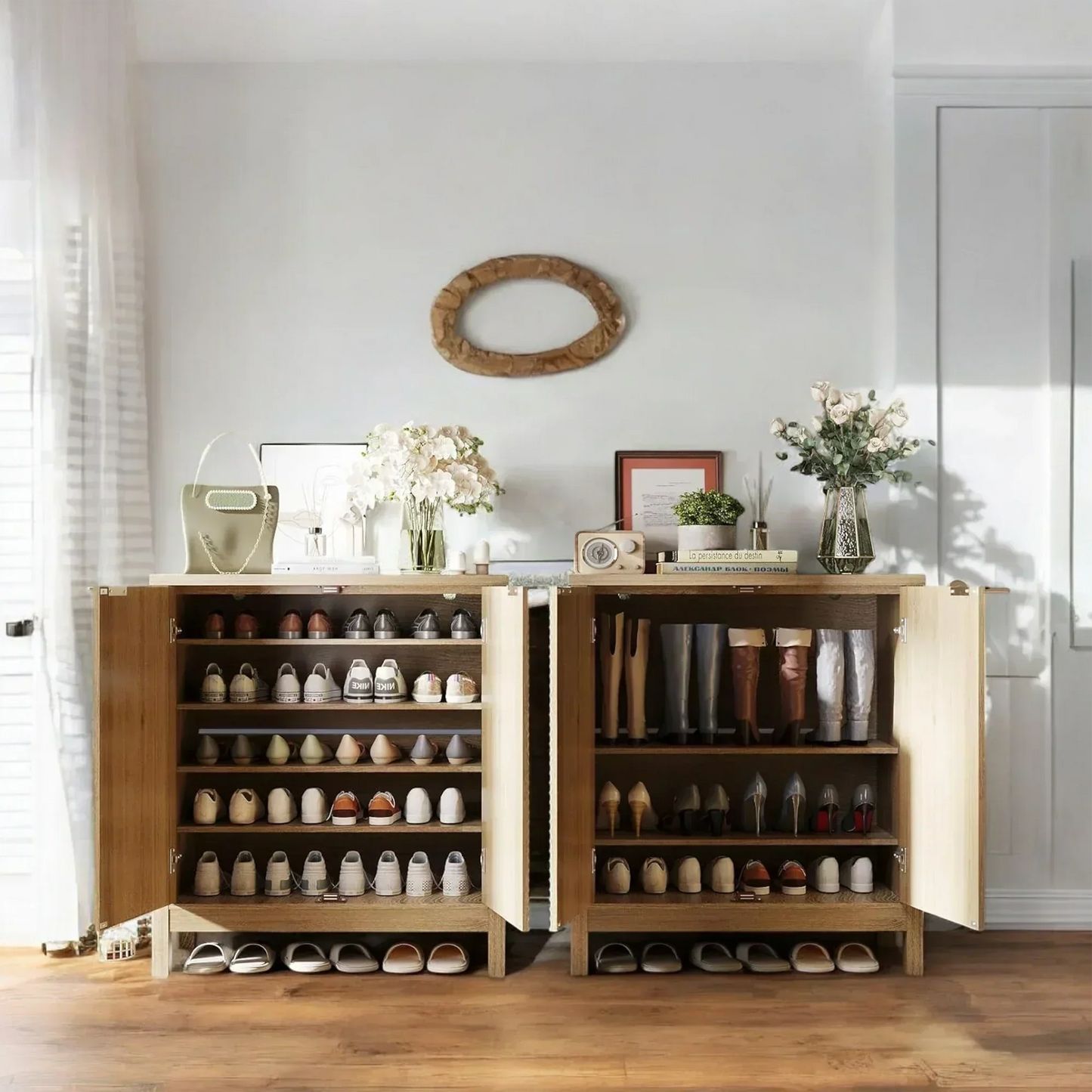 Modern Natural Wood Shoe Cabinet with Sliding Door – 6-Tier Storage 