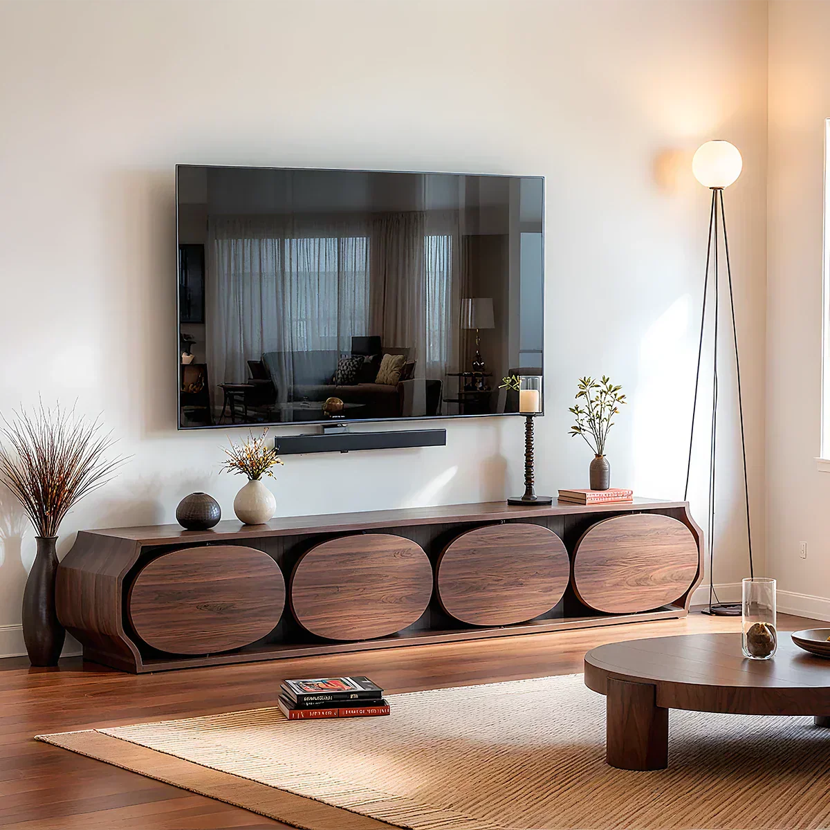 Modern Round-Panel Walnut TV Console With Sculpted Curves - Rustira