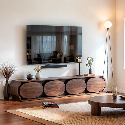 Modern Round-Panel Walnut TV Console With Sculpted Curves - Rustira