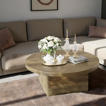 Modern Round Wooden Coffee Table – Nordic Design, Sturdy Box Legs 