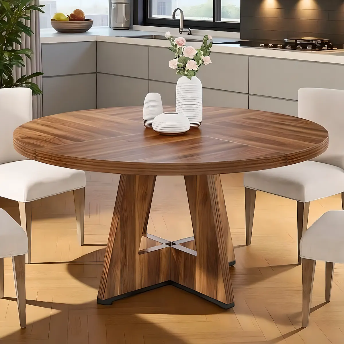 Modern Round Wooden Dining Table – Elegant T-Shaped Pedestal Base for Stylish Dining Spaces 