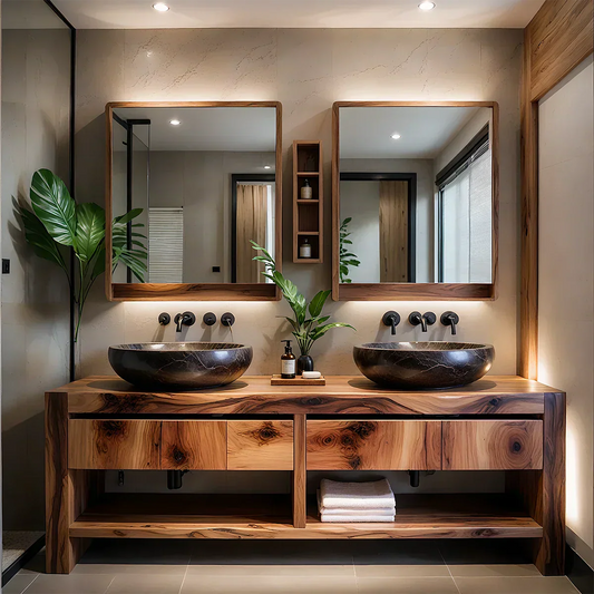 Modern Twin-Basin Natural Solid Wood Bathroom Vanity - Rustira