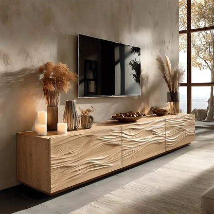 Modern Wavy Solid Wood TV Stand – Sculpted Minimalist Media Console - Rustira