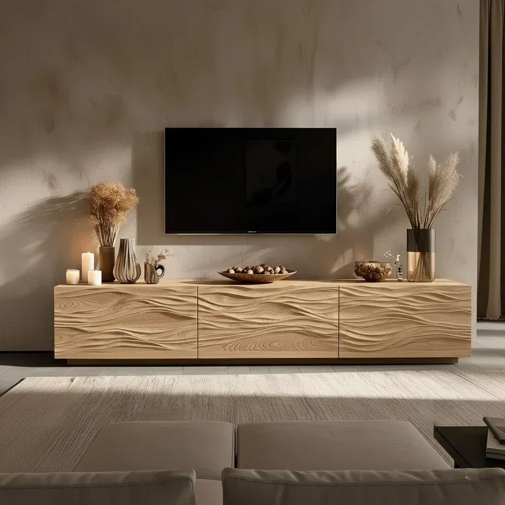 Modern Wavy Solid Wood TV Stand – Sculpted Minimalist Media Console - Rustira