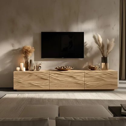 Modern Wavy Solid Wood TV Stand – Sculpted Minimalist Media Console - Rustira
