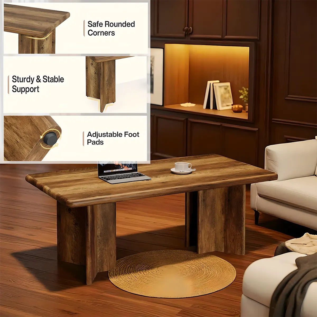 Modern natural wood tea table, Unique column leg design 