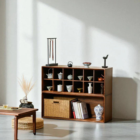 Multi-Compartment Wooden Tea Cabinet – Solid Wood Storage - Rustira